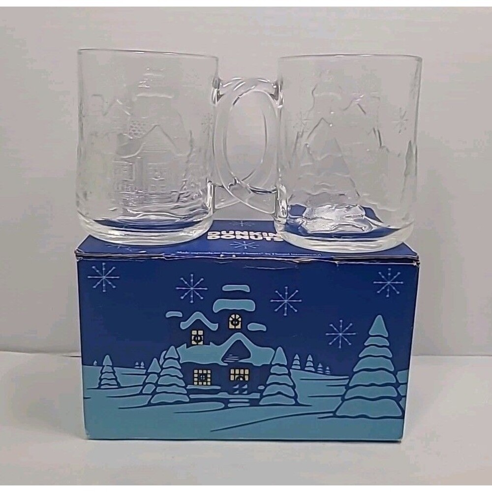 2 Vintage Dunkin Donuts Clear Glass Mugs original box